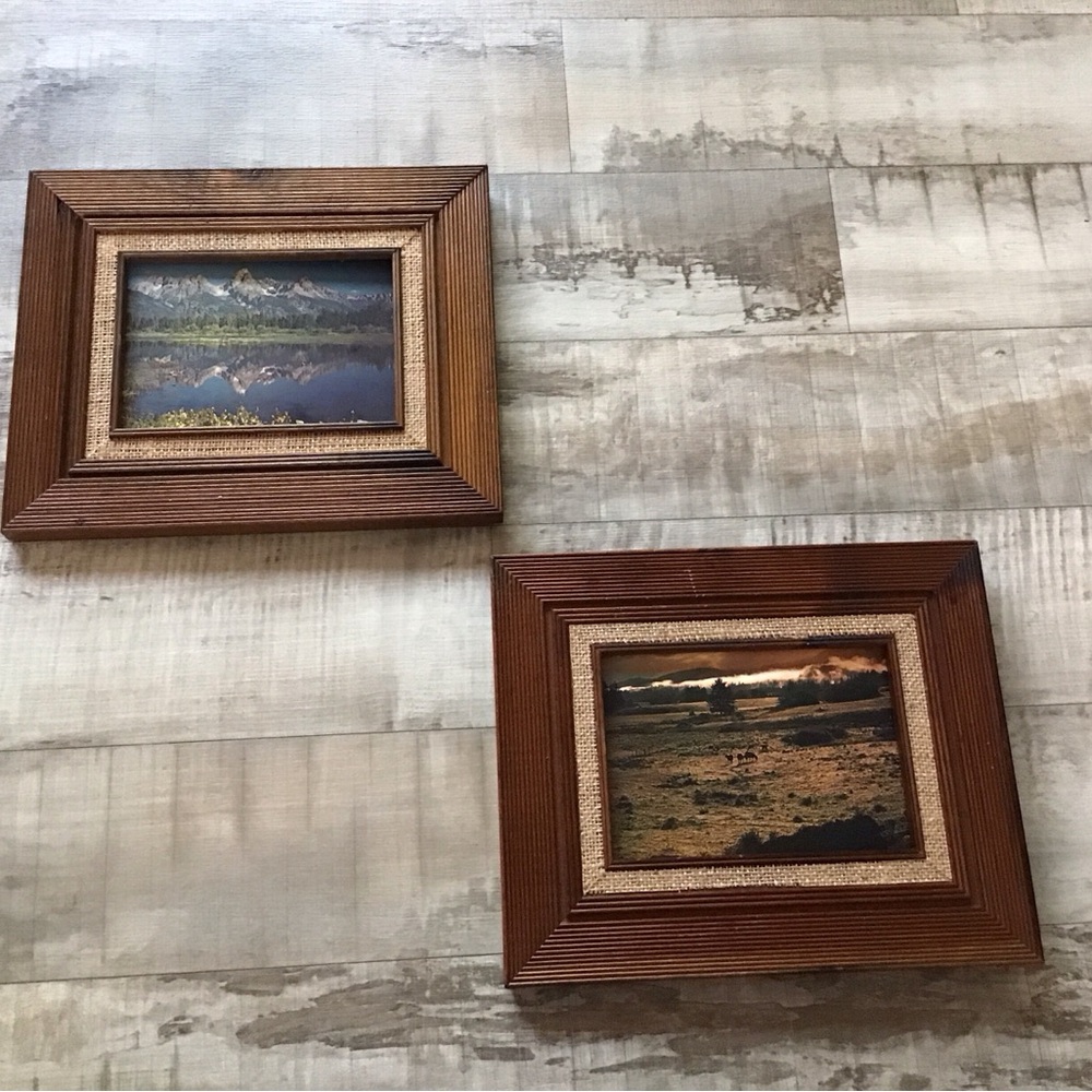 Two vintage wood and burlap framed